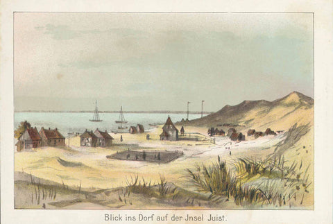"Blick ins Dorf aud der Insel Juist"  Juist, Niedersachsen, Ostfriesische Insel, Nordsee  Chromolithgraph published 1889.  Original antique print  