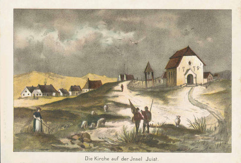 "Blick ins Dorf aud der Insel Juist"  Juist, Niedersachsen, Ostfriesische Insel  Chromolithgraph published 1889.
