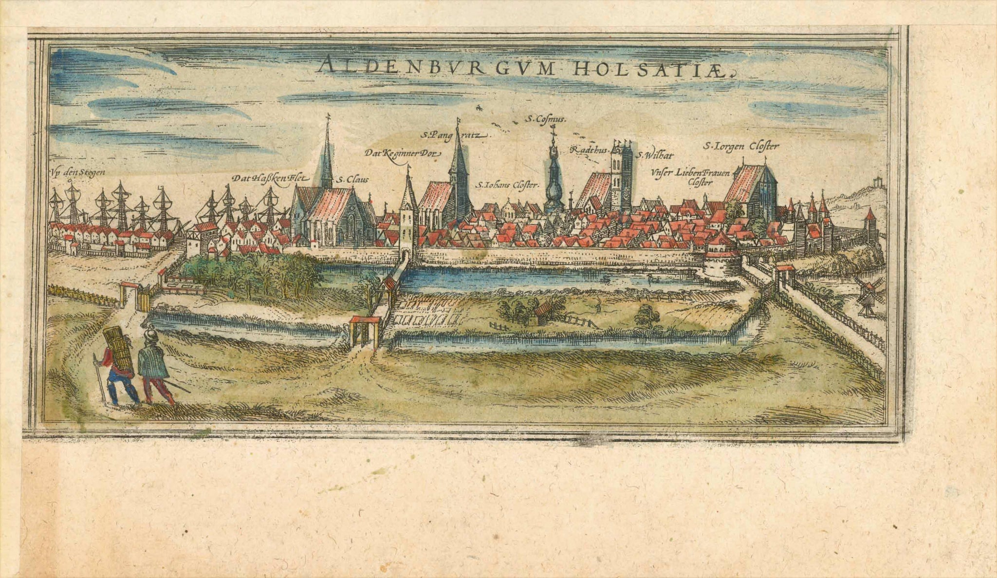 "Aldenburgum Holsatiae" (This print was false labeled. It is Stade in Lower Saxony)  Copper engraving by Braun and Hogenberg, cs 1575. Original hand coloring.  Original antique print  