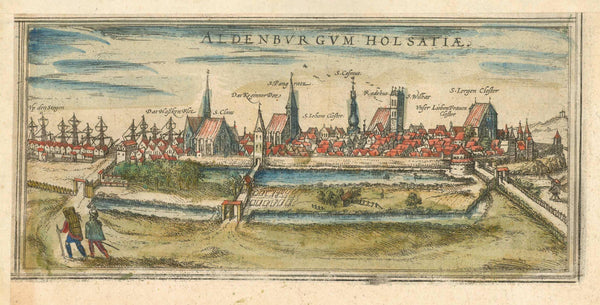 "Aldenburgum Holsatiae" (This print was false labeled. It is Stade in Lower Saxony)  Copper engraving by Braun and Hogenberg, cs 1575. Original hand coloring.  Original antique print  