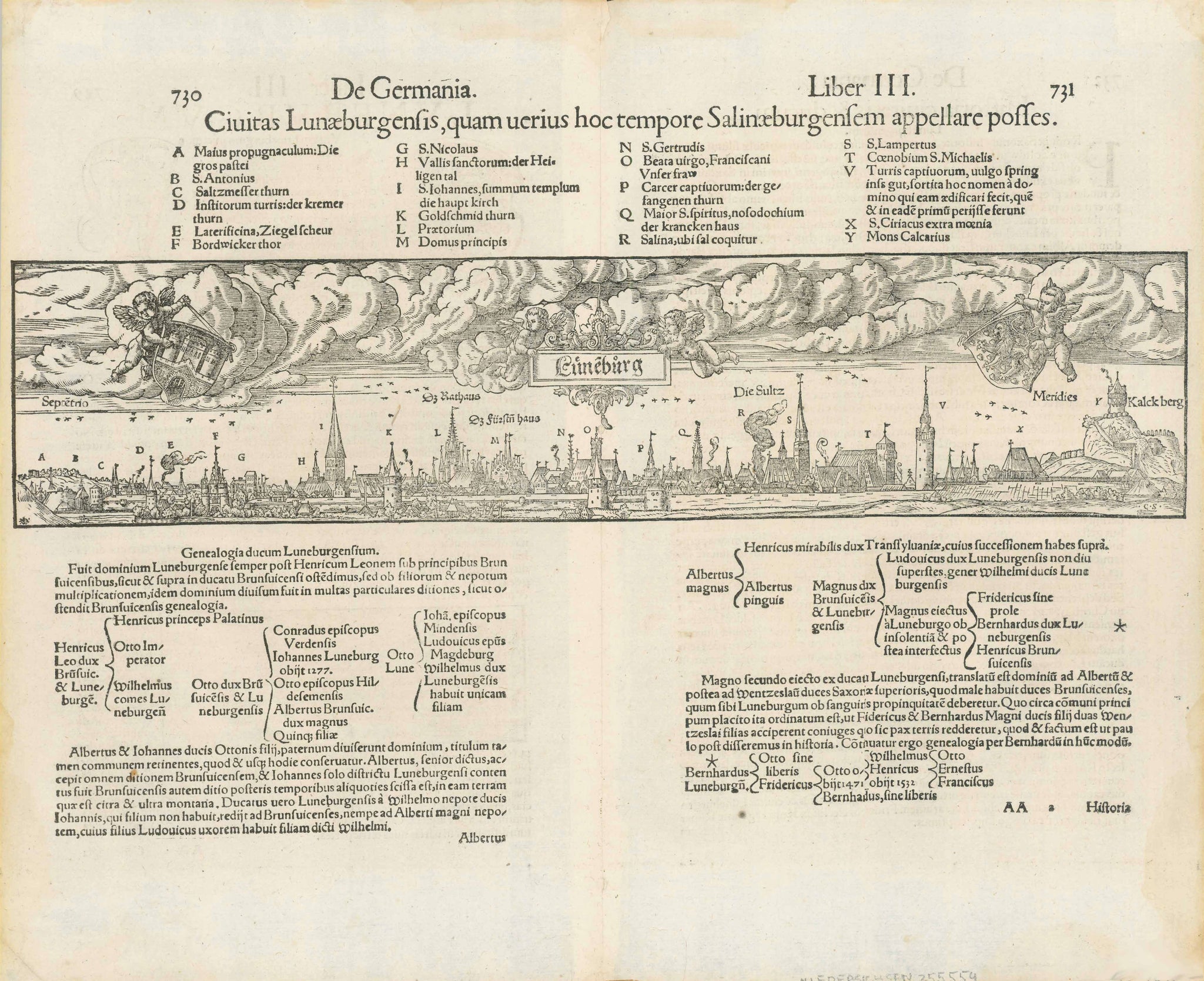 "Lueneburg"  Woodcut by Sebastian Muenster 1550. Latin Edition. From "Cosmographia Universalis"  On the reverse side is historical information (in Latin) about Lueneburg.  Original antique print  