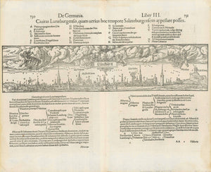 "Lueneburg"  Woodcut by Sebastian Muenster 1550. Latin Edition. From "Cosmographia Universalis"  On the reverse side is historical information (in Latin) about Lueneburg.  Original antique print  