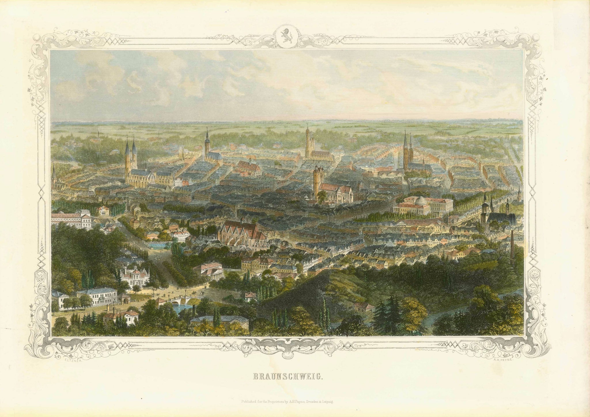 "Braunschweig"  Historical view of Braunschweig by A. H. Payne after Eltzner. Hand colored. Published ca 1860.  Below the title "Published for the Properties by A. H. Payne Dresden & Leipzig"  Original antique print  