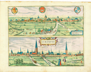 "Lippe - Dortmund"  Lippstadt and Dortmund  General views of the two cities in Northrhine-Westfalia  Copper etchings. Original hand coloring.  Artists: Georg Braun (1541-1622) and Frans Hogenberg (1535-1590)  Published in "Städtebuch" by Johann Janssonius (1588-1664)  Amsterdam, 1657  Original antique print 