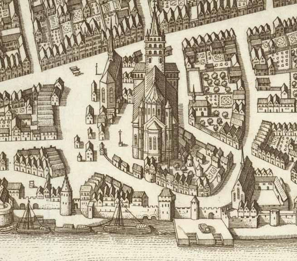 Neuss. - "Neus"  Gesamtansicht von Neuss, der Stadt an Rhein und Erst aus der Vogelschau.  Kupferradierung aus der Topographia Germaniae von Matthäus Merian  Frankfurt am Nein, 1646  Sehr schöner Abdruck der altehrwürdigen,  2000-jährigen Stadt an Rhein und Erft.  Original antique print  