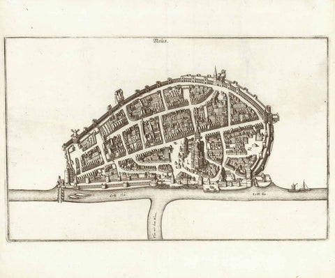 Neuss. - "Neus"  Gesamtansicht von Neuss, der Stadt an Rhein und Erst aus der Vogelschau.  Kupferradierung aus der Topographia Germaniae von Matthäus Merian  Frankfurt am Nein, 1646  Sehr schöner Abdruck der altehrwürdigen,  2000-jährigen Stadt an Rhein und Erft.  Original antique print  