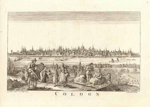 Antique print, antiker Stich, "Cologn"  Original antique print    View of the venerable and old city of Cologne on the Rhine. In the foreground is a group of farmers.  Copper engraving by Francis Garden (1710-1768) published 1752 in London., interior design, wall decoration, ideas, idea, gift ideas, present, vintage, charming, special, decoration, home interior, living room design 