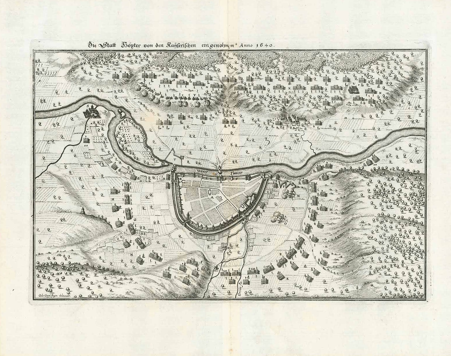 Antique print, alter stich, Höxter. - "Die Statt Höxter von den Kayserischen eingenohmen Anno 1640"  Nordrhein-Westfalen, Hoexter, Detmold, Weser, Civitas Covey  Kupferstich aus "Theatrum Europaeum" von Matthäus Merian (1593-1650). Band 4.  Nach Zeichnung von Carlo Cappi  Frankfurt am Main, 1643  (Copper engraving from "Theatrum Europaeum" by Matthäus Merian (1593-1650). Band 4.) (After the drawing by Carlo Cappi. Published in Frankfurt am Main, 1643)