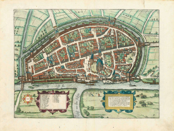 Neuss. - "Neus"  Bird's eye view of Neuss on the Rhine  View across the Rhine. Showing the confluence of the river Erst into the Rhein (Rhine)  Copper etching after the drawing by Joris Hoefnagel (1542-1600)  Very fine original hand coloring  Published in "Civitates Orbit Terrarium"  By Georg Braun (1541-1622) and Frans Hogenberg (1535-1590)  Published in Cologne, 1612