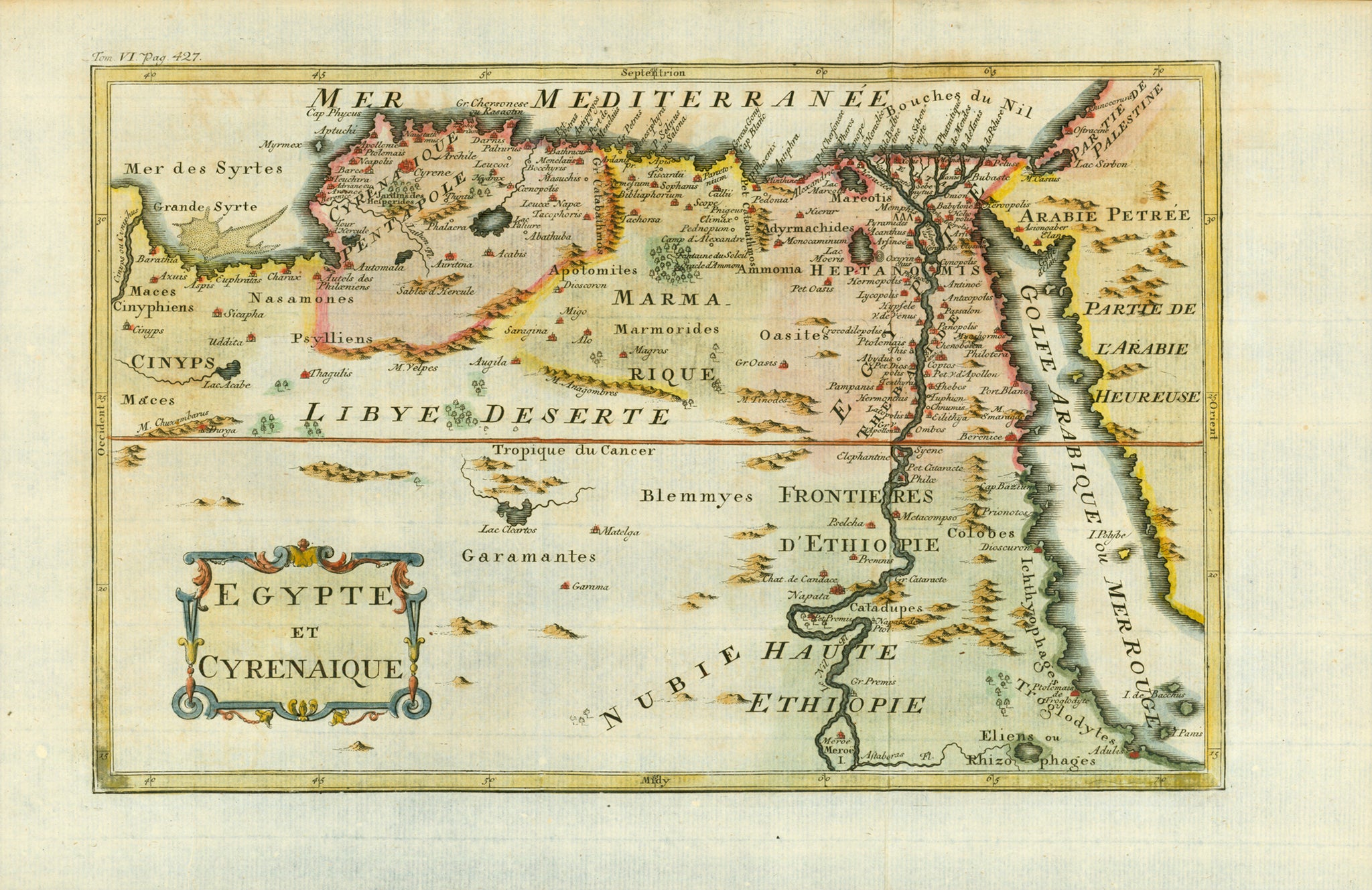 "Egypte et Cyrenaique"  Copper engraving map by Jaques Benigne Bossuet (1627-1704). Published in Paris by Chez Arkstree et Merkusm 1742.51. From "L'Histoire Universelle despuis la commencement du monde, jusqu a present, traduit de l'anglois d une societe de gens de letrtres"  Very attractive hand colouring. Two original vertical folds to fit book size.