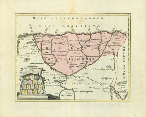 "Aegyptus Inferior sive Delta"  Copper engraving map by Christoph Weigel, 1720. Original hand coloring.  Published in "Descriptio Orbis Antiqui in XLIV tabulis....." by Johann David Koehler (1684.1755)  This map is of special interest for anthropoligists and toponymists.