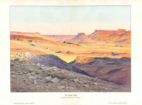 "Die libysche Wueste"  Chromolithograph after a painting by Wilhelm Kuhnert. Published 1905.