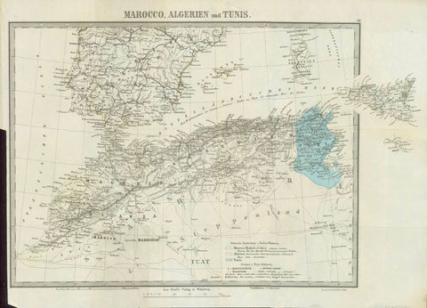 "Marokko, Algerien und Tunis"   Map of North Africa - Morocco, Algeria, Tunesia, Sicily, Malta, Portugal, Spain, the Baleares and Sardinia  Line lithograph. Printed in color.  Publisher: Leo Woerl Verlag, Wuerzburg  Map has several vertical and horizontal folds. It was obviously part of a German travel guide book.  Penciled in date: 1884