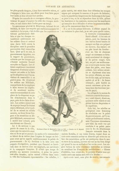 Image: "Porteuse de eau de Monkoullo"  8 page article "Voyage in Abyssinie" by Guillaume Lejean with 12 wood engraving images of peoples and landscapes. Published ca 1865.  Original antique print 