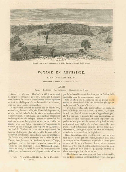 Image: "Porteuse de eau de Monkoullo"  8 page article "Voyage in Abyssinie" by Guillaume Lejean with 12 wood engraving images of peoples and landscapes. Published ca 1865.  Original antique print 