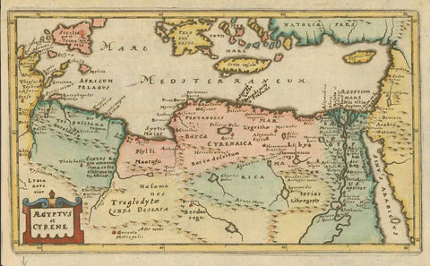 "Aegyptus et Cyrene"  Hand-colored copper etching  Originally designed by Philip Cluever (1697) this map was published by John Nicholson  London, 1711  Map Tunisia (Carthago to the Red Sea, from Sicily to Cyprus (Eastern Mediterranean). Malta shown as Melita.  Original antique print 