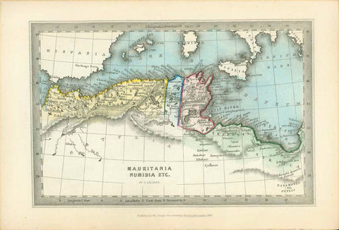"Mauritania, Numidia, Etc."  Rare copper engraving map by Joshua Archer (1792-1863) Published by the Society for Promoting Christian Knowledge in 1847. Very attractive original hand coloring. Ancient names of towns and topography.  Original antique print    For a 30% discount enter MAPS30 at chekout 