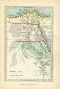 Antique Map, Egypt, "Agyptus Antigua"  Rare copper engraving map by Joshua Archer (1792-1863) Published by the Society for Promoting Christian Knowledge in 1847. Very attractive original hand coloring. Ancient names of towns and topography.  Original antique print  