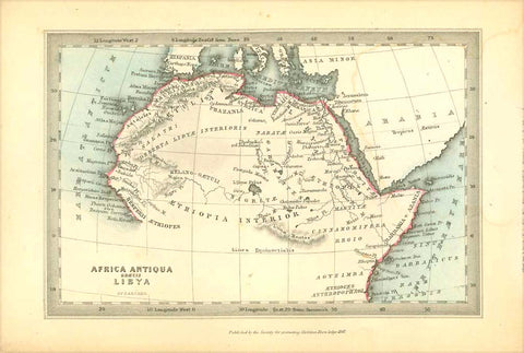 Maps, Northern Africa, Italy, Libya, Sardinia, Sicily, Saudi Arabia, Egypt, "Africa Antigua Graecis Libya"  Rare copper engraving map by Joshua Archer (1792-1863) Published by the Society for Promoting Christian Knowledge in 1847.  Original antique print    For a 30% discount enter MAPS30 at chekout 