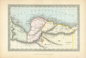 Ancient Maps, Northern Africa, Ancient Libya, Libyia"  Rare copper engraving map by Joshua Archer (1792-1863) Published by the Society for Promoting Christian Knowledge in 1847. Very attractive original hand coloring. Ancient names of towns and peoples.