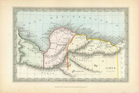 Ancient Maps, Northern Africa, Ancient Libya, Libyia"  Rare copper engraving map by Joshua Archer (1792-1863) Published by the Society for Promoting Christian Knowledge in 1847. Very attractive original hand coloring. Ancient names of towns and peoples.