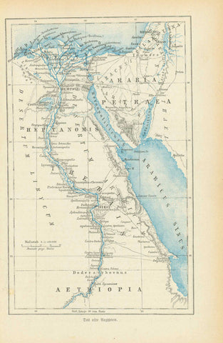 "Das alte Aegypten"  Interesting map with the old names of peoples and places.  Wood engraving printed in color 1881.  For a 30% discount enter MAPS30 at chekout  Original antique print    Egypt, Aegypten, Nil, Nile, Saudi Arabia, Oman, Yemen, Sudan