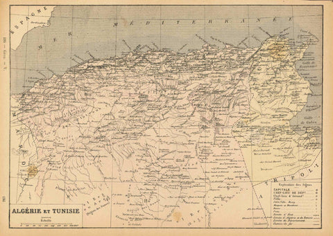 "Algerie et Tunesie"  Maps, North Africa, Tunesie, Tunesien, Tunisia, Algerie, Algerien  Wood engraving map published ca 1890.  For a 30% discount enter MAPS30 at chekout   Original antique print  