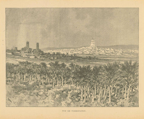 Timbuktu, Mali, "Vue De Tombouctou"  Zincograph published ca 1890. On the reverse side is text about the region.  Original antique print  