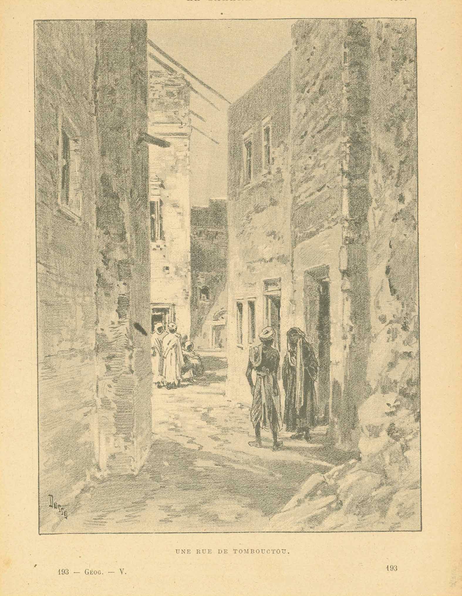 "Une Rue De Tombouctou"  Africa, Mali, Timbuktu  Zincograph published ca 1890.  Original antique print  