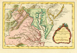 "Carta della Virginia della Baja Chesapeack e Paesi vicini"  Original antique print   Map of the U.S. State of Virginia of Chesapeak Bay and surrounding areas. These are Maryland, Delaware, Southern New Jersey, Southern Pennsylvania.  Hand-colored copper etching by an anonymous Italian engraver. Ca. 1750.  This very nicely hand-colored map with a decorative flower-bordered title cartouchewas published in a very small (duodez-size) book. Map has several vertical and one horizontal folds to make it fit into t