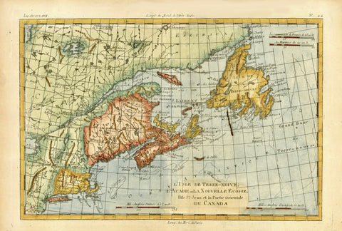 "L'Isle de Terre Neuve, L'Acadie, ou La Nouvelle Ecosse, I' Isle St. Jean et la Partie Orientale du Canada"  Detailed copper engraving map of Nova Scotia, St. John's Island, Newfoundland, New England and the St. Lawrence River.   The map extends south to  Long Island and New Jersey.  In the upper left is part of St. James Bay.  The map is by Bonne and Raynal, published ca 1780.