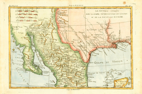 "Le Nouveau Mexique Avec la Partie Septrionnale de L'Ancien ou de la Nouvelle Espagne"  Detailed copper engraving map of northern Mexico, Baja California, Texas, New Mexico Louisiana and part of Florida.  On the map are names of some of the resident Indian tribes as well as Indian names of towns and topography.  The map is by Bonne and Raynal, published ca 1780.