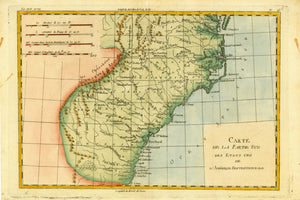 "Carte de la Partie Sud des Etats Unis de L'Amerique Septrionale"  Detailed copper engraving map of Georgia, Virginia and the Carolinas.  The map extends from Chesapeake Bay in the north to Amelie Island in the south.   The map is by Bonne and Raynal, published ca 1780.  Pleasant hand coloring. Vertical centerfold.