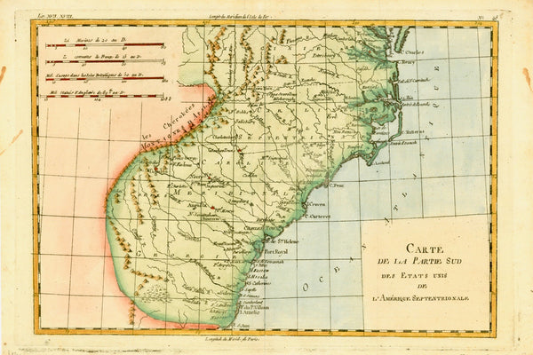 "Carte de la Partie Sud des Etats Unis de L'Amerique Septrionale"  Detailed copper engraving map of Georgia, Virginia and the Carolinas.  The map extends from Chesapeake Bay in the north to Amelie Island in the south.   The map is by Bonne and Raynal, published ca 1780.