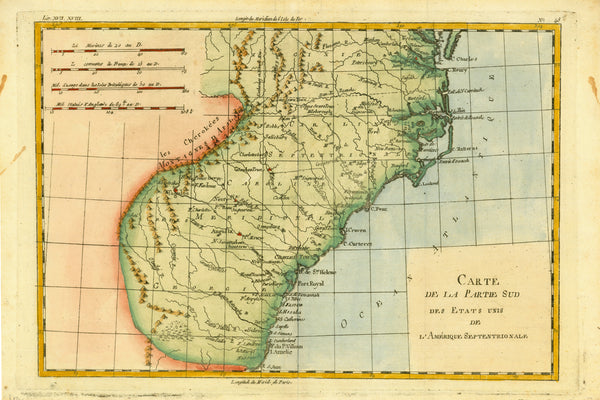 "Carte de la Partie Sud des Etats Unis de L'Amerique Septrionale"  Detailed copper engraving map of Georgia, Virginia and the Carolinas.  The map extends from Chesapeake Bay in the north to Amelie Island in the south.   The map is by Bonne and Raynal, published ca 1780.  Pleasant hand coloring. Vertical centerfold.