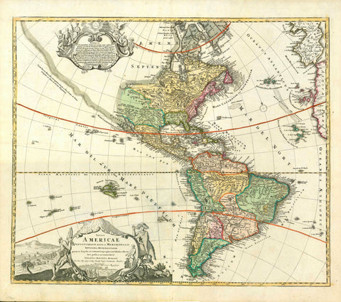 "Totius Americae Septrionalis et Meridionalis ..." Copper etching by Johannes Baptista Homann. Published in 1723. Fine map of the American hemisphere  interior design, wall decoration, ideas, idea, gift ideas, present, vintage, charming, special, decoration, home interior, living room design