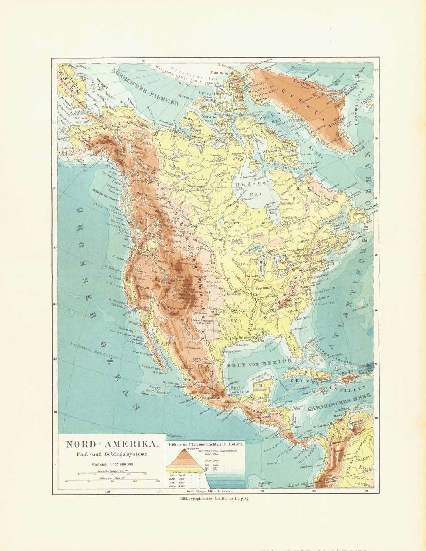 "Nord - Amerika Fluss und Gerbirgssysteme"  Chromolithograph published 1904.  Map shows the rivers and mountain ranges of North America.  Original antique print , interior design, wall decoration, ideas, idea, gift ideas, present, vintage, charming, special, decoration, home interior, living room design