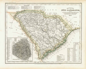 "Neuste Karte von Sued Carolina mit seinem Canaelen Strassen Dampfshiff Routen und Entfernungen der Hauptpunkte"  Steel engraving map published in Hildburghause, 1852. In the lower left is a street map of Charleston. In the lower right is a mileage chart of distances and ship routes.  Hand-colored outlines of the borders of South Carolina.  Original antique print 