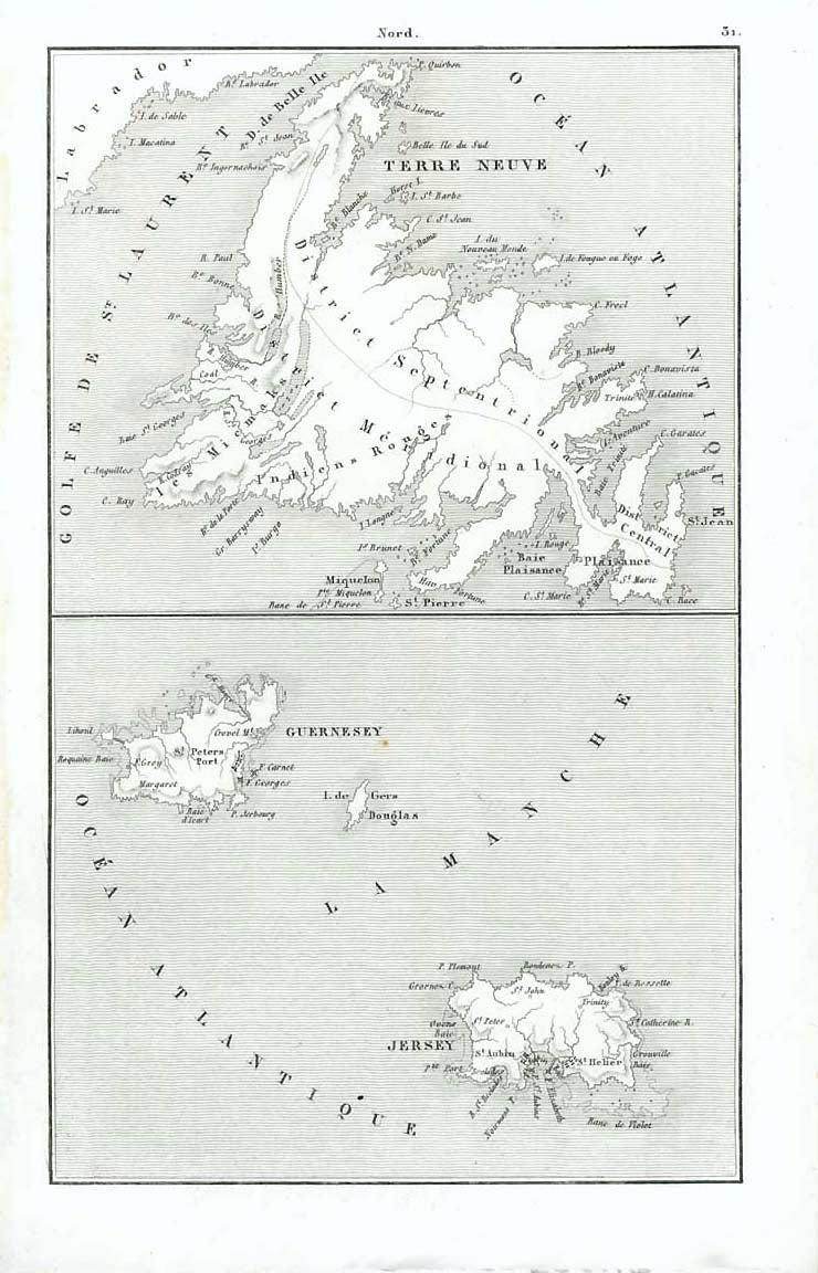 Maps, "Nord"  Steel engraving map of Newfoundland at the top and the Channel Islands of Guernsey, Jersey and Douglas in the lower part. Published 1840. Very good condition.  Original antique print  