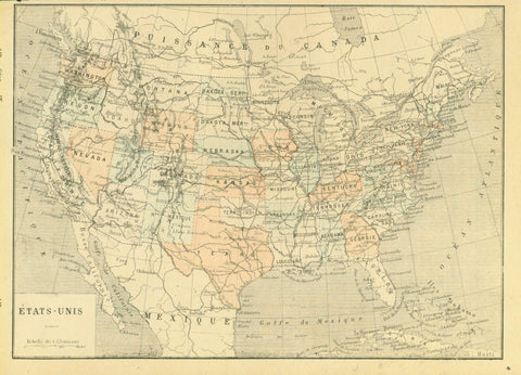 "Etats Unis"  This map of the United States shows the major rivers and early roads. On the reverse side is French text about early American history.  Wood engraving map published ca 1890.  For a 30% discount enter MAPS30 at chekout   Original antique print  