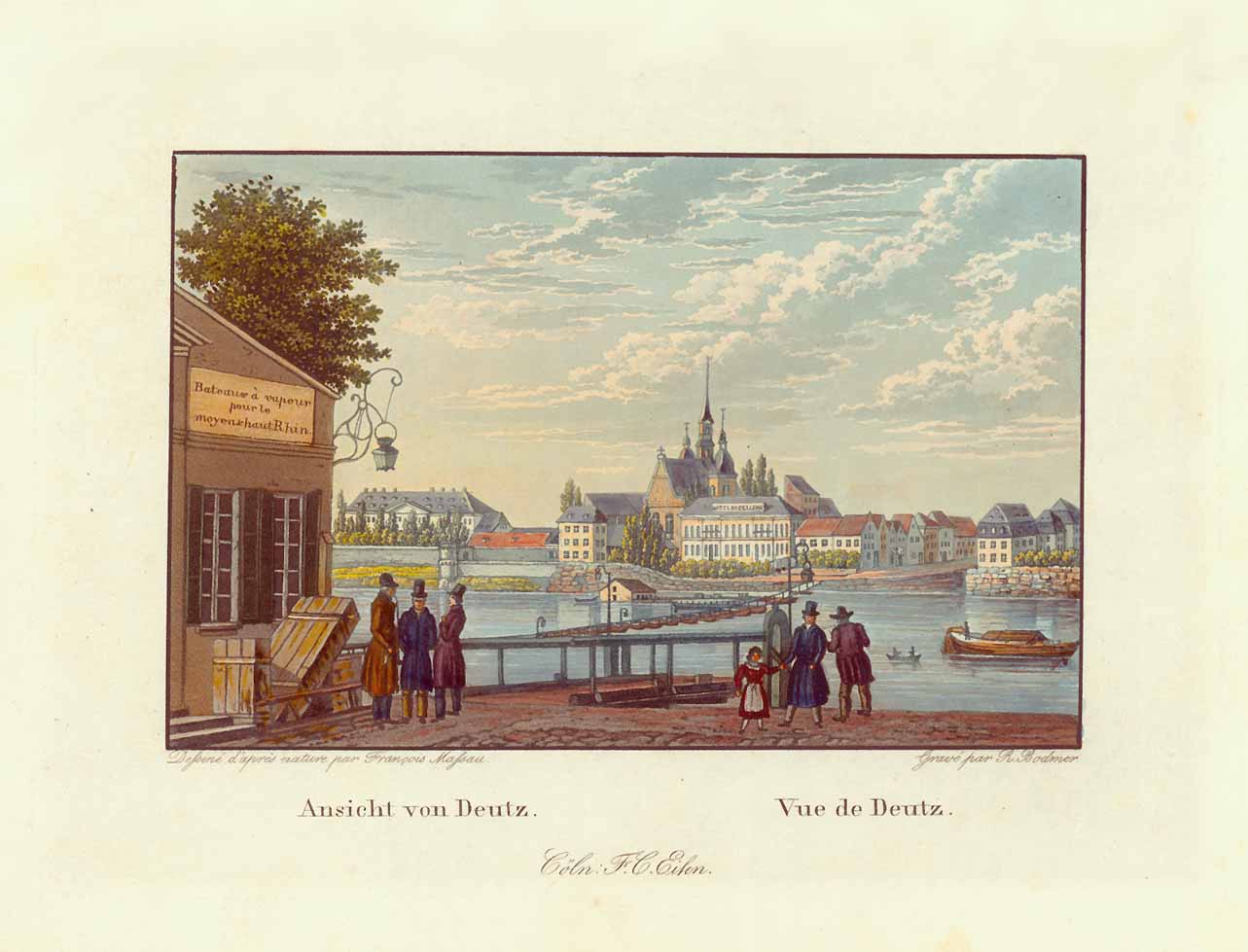 "Ansicht von Deutz - Vue de Deutz".   Deutz, Koeln, Cologne, Duitia, Kalk, Vingst, Poli, Humbolt/Gremberg  The gorgeous gouache coloring is done like a painting  Views of Deutz are rare. This one is a real gem.  After the drawing by Franz Paul Massau (1818-1900)  Published in an album by F.C. Eisen. Köln)  (Original gouached aquatint by Rudolf Bodmer (1805-1841).  Original antique print  