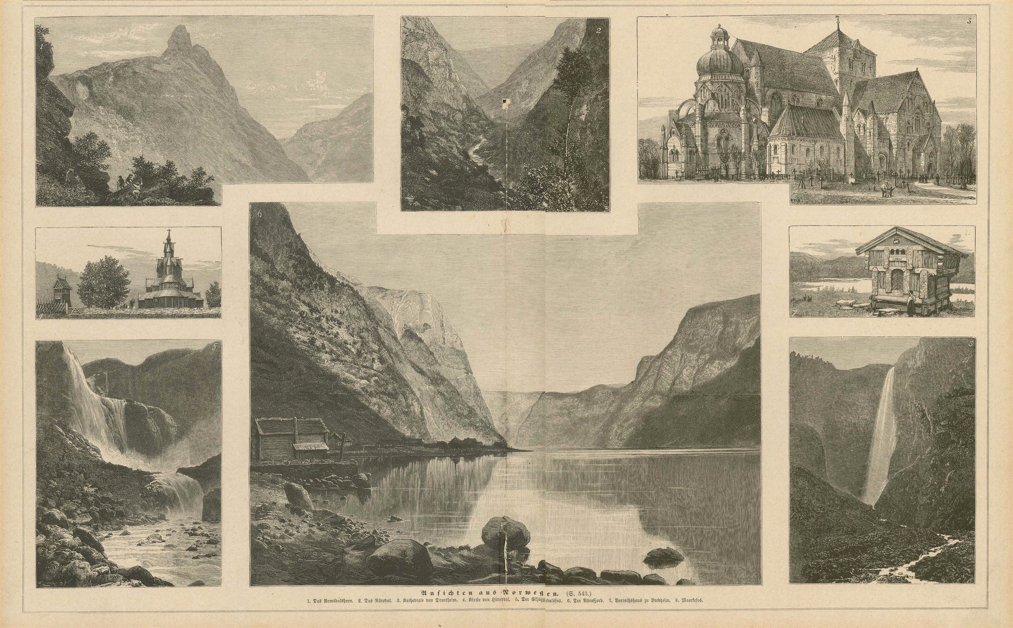 City Views, Norway, Narodal, Dronthheim, Hitterdal, Narofjord, Maarkefos, Wood engravings published 1879.  Original antique print 