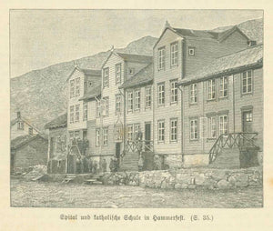 "Spital und katholische Schule in Hammerfest"  Original antique print    Wood engraving on a page of text about Hammerfest