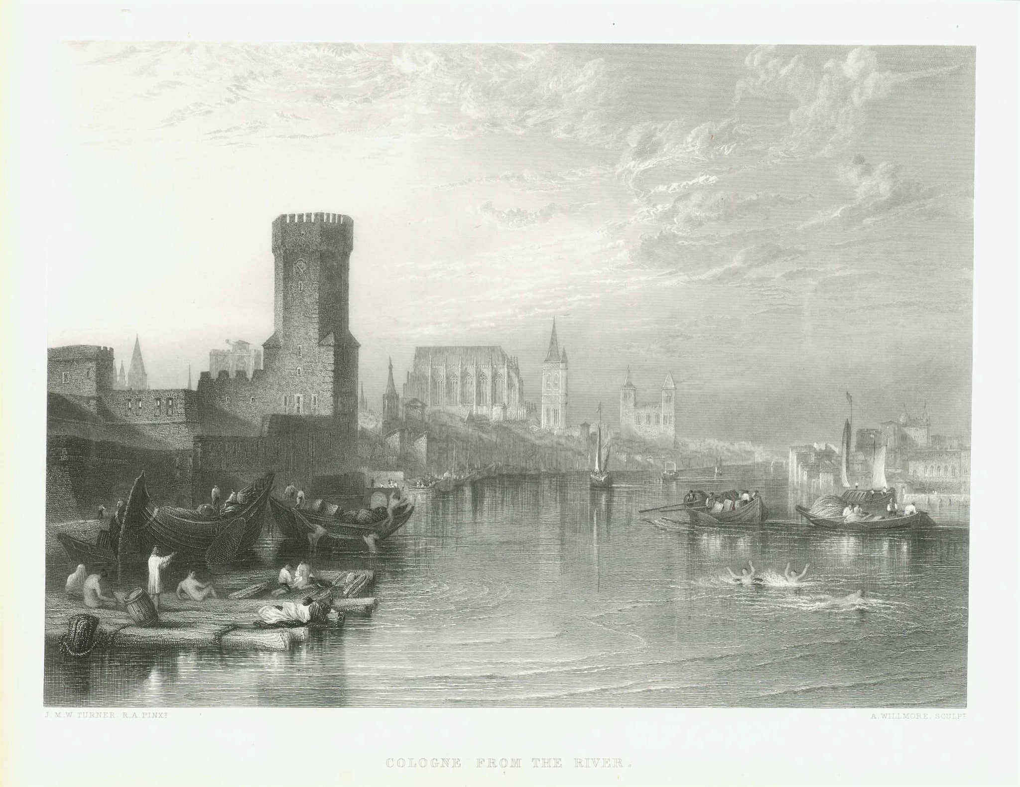 "Cologn From The River"   Nordrhein-Westfalen, Cologne, Köln, Rhine  Steel engraving by A. Willmore after a painting by J. M. W. Turner ca 1840.  Original antique print  