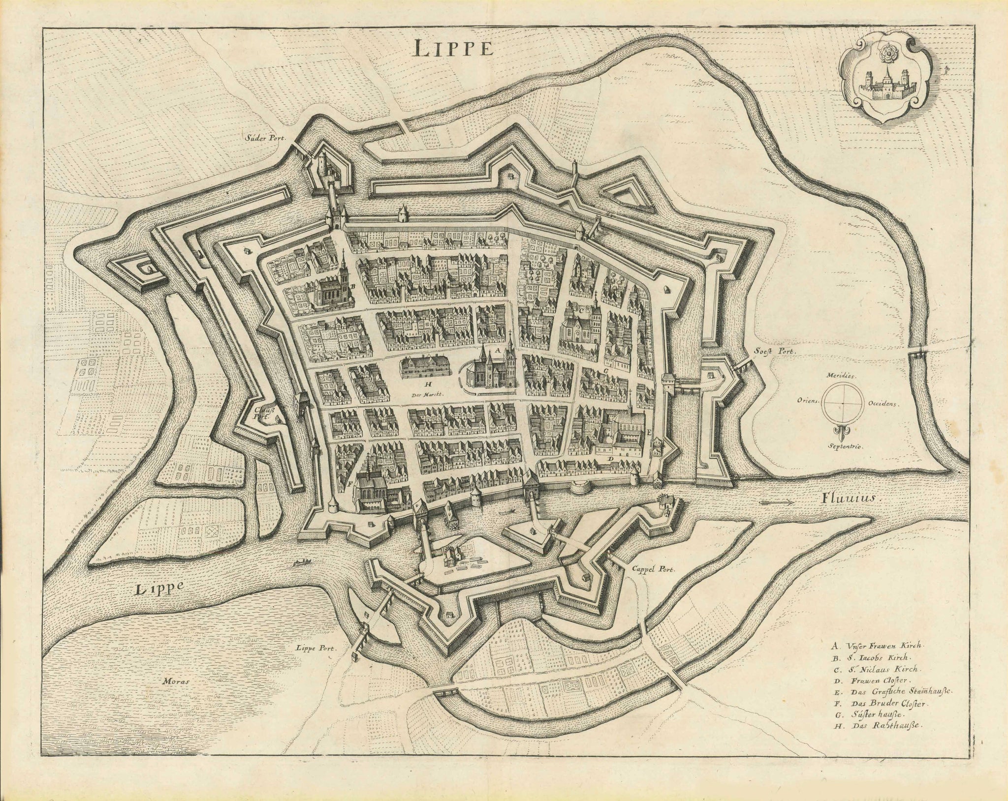 antique print, "Lippe"  Historical copper engraving from Merian ca 1640. In the upper right is a coat-of-arms of Lippe. In the forground is the Lippe Fluvius. In the lower right are the names of the monuments and buildings of Lippe. The names of some of the city gates are given.  Original antique print  