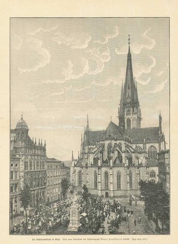 "Die Willibordikirche in Wesel"  Wood engraving made after ca 1890.  Original antique print  