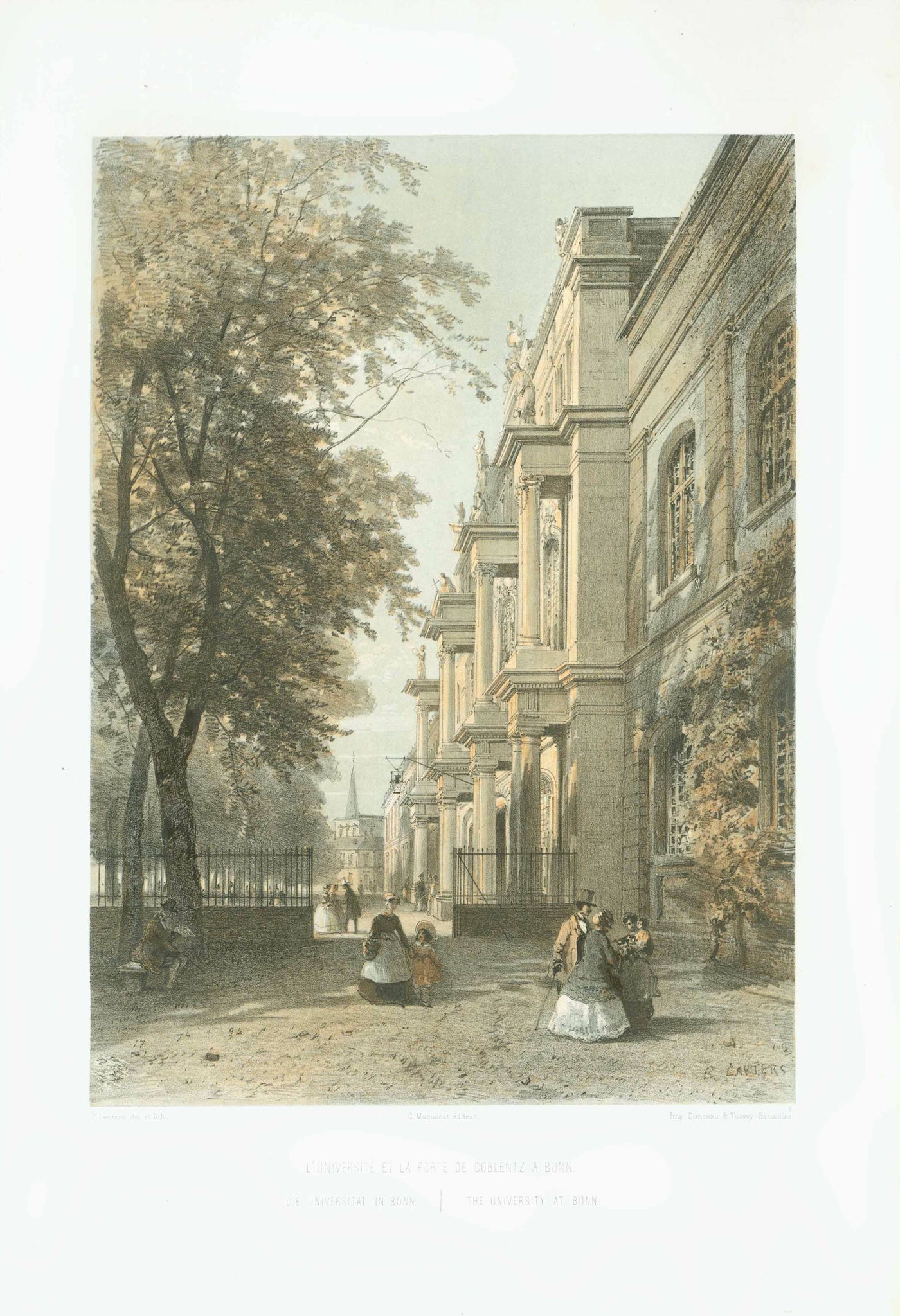 "L'Univerite Et La Porte de Coblentz a Bonn"  "Die Universitaet in Bonn The University At Bonn"  Nordrhein-Westfalen, Bonn, Rheinische Friedrich-Wilhelms- Universitaet Bonn  Tonned lithograph by P. Lauters ca. 1860. Edited by C. Muquardt and published in Brussels.  Original antique print  