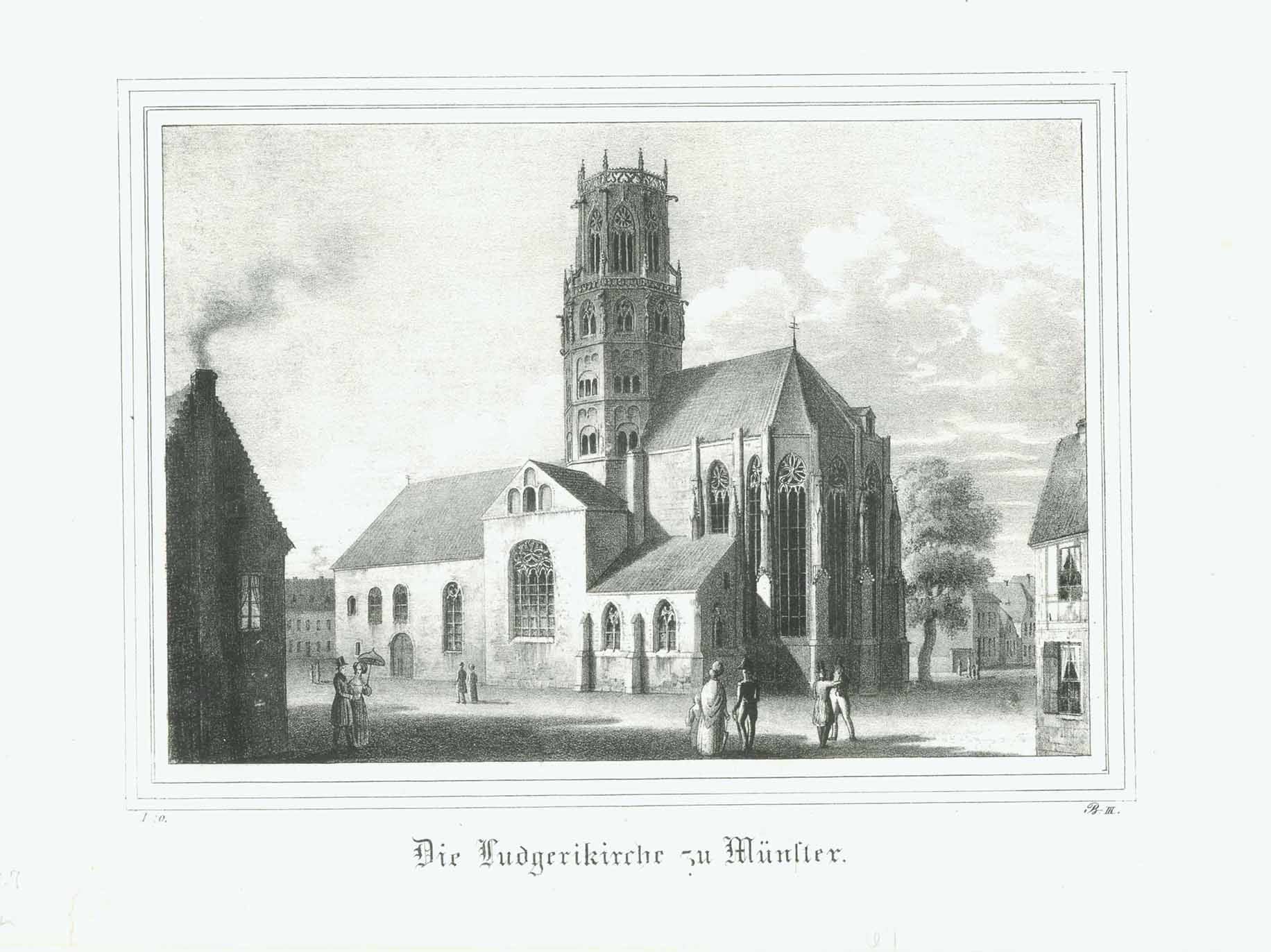 "Die Ludgerikirche zu Münster"  Lithograph ca 1840 from "Borussia".  Original antique print  