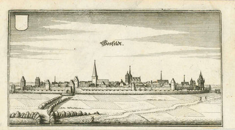 "Coesfeldt" (Coesfeld)  Germany, Nordrhein-Westfalen, North Rhine Westphalia, Coesfeldt, Coesfeld, Koesfeld, Baumbergen, Berkel  Copper engraving by Matthaeus Merian ca 1650, From "Topographia Westpaliae".  Original antique print  