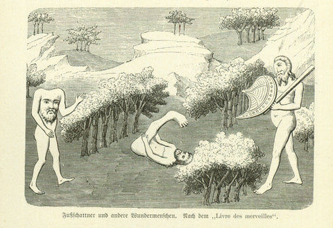 "Fussschattner und andere Wundermenschen"  Wood engraving on a page of text about occult happenings and special persons of mythological cults. The text continues on the reverse side. Published 1881.